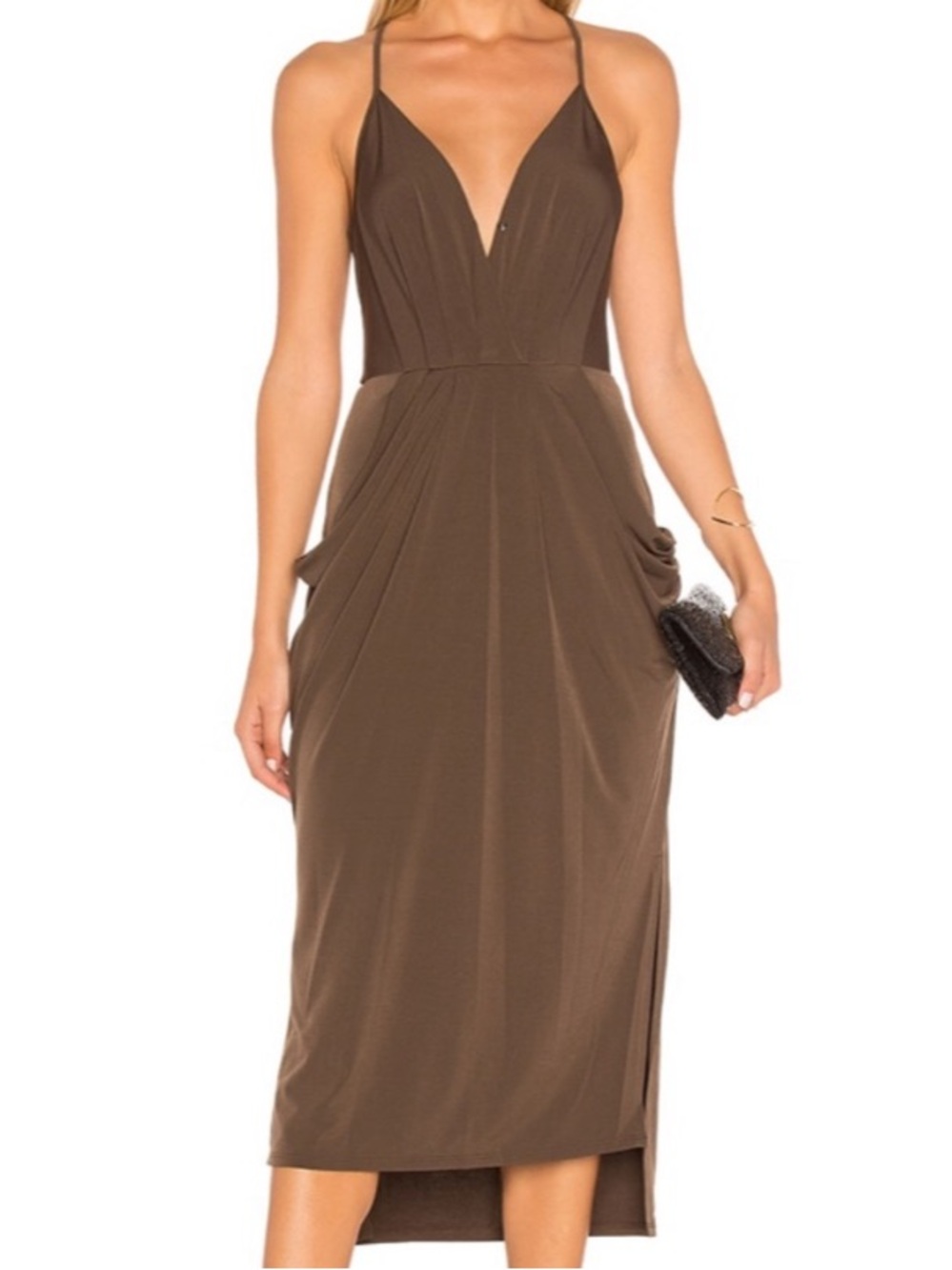 Brown Faux Wrap Midi Dress